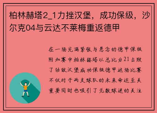 柏林赫塔2_1力挫汉堡，成功保级，沙尔克04与云达不莱梅重返德甲