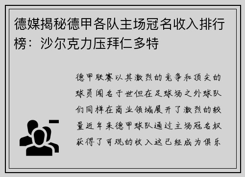 德媒揭秘德甲各队主场冠名收入排行榜：沙尔克力压拜仁多特